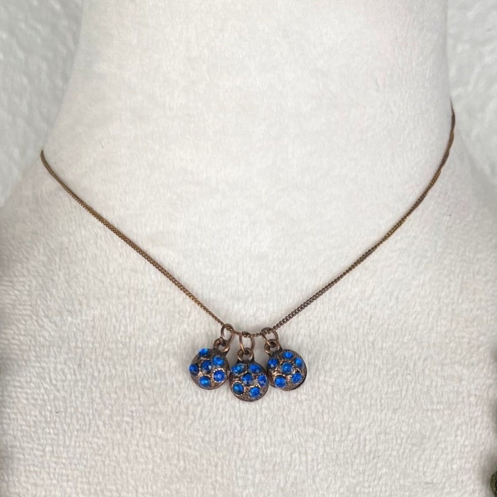 ☘️5/$25 Bronze Tone Blue Rhinestone Triple Orb Choker Short Necklace Short